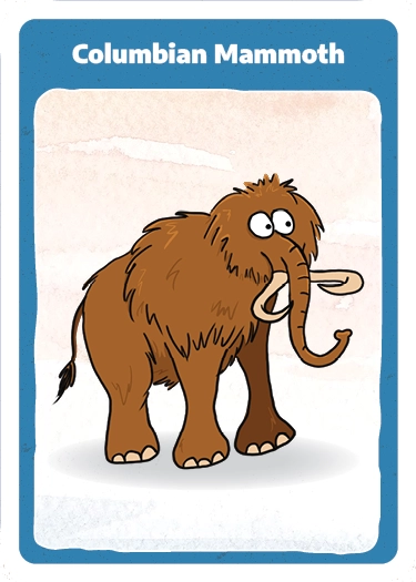 Playing card with cartoon illustration of a Woolly Mammoth.